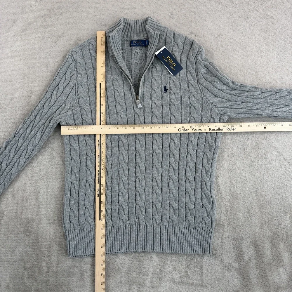 Polo Ralph Lauren Cable-Knit‎ Cotton Quarter-Zip Sweater in Grey Men Medium NWT